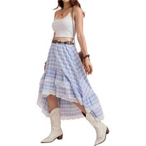 Western Boho Lace Ruffle Blue & White Skirt Asymmetrical Country Cowgirl Skirts